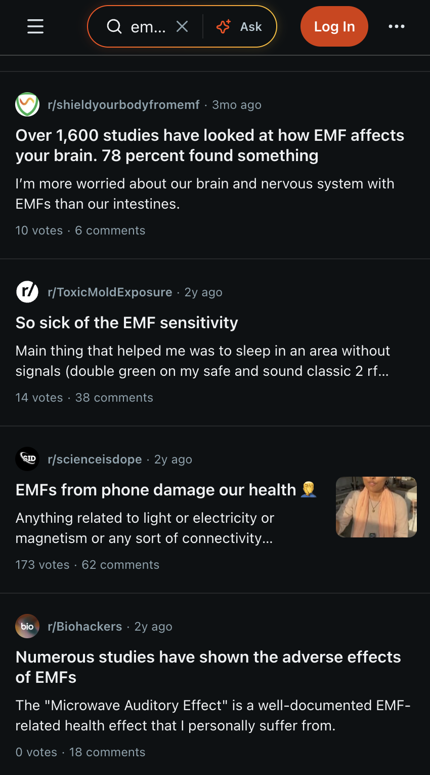 Reddit threads on EMF sensitivity